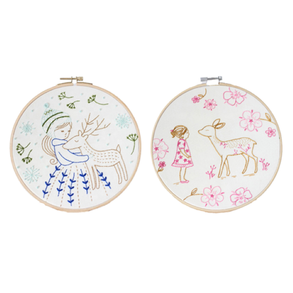 Colourful DIY Embroidery Craft Kit w/ Hoop Pink + Blue Girl Deer