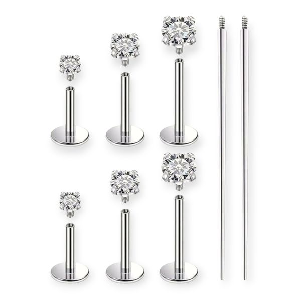 16G Clear CZ Labret Stud Set - 8 Piece Surgical Steel Internally Threaded