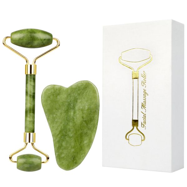 Real 100% Jade Crystal Derma Roller &amp; Gua Sha Set + Premium Gift Box