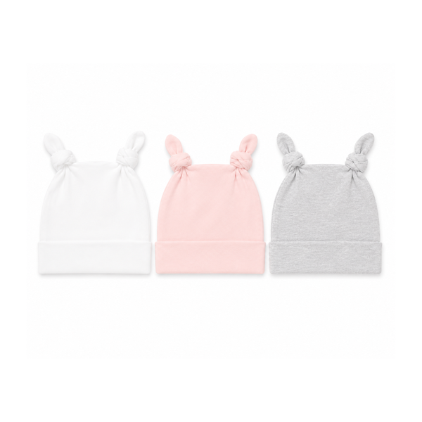 Double Knot Beanie 3 Pack - Girls Pale Pink/ Grey/ White