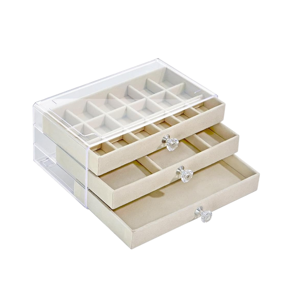 Multi-Layer Jewelry Drawer Storage Box with Earring Display - Beige