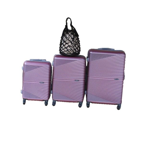 Pink Iridescent 3-Piece ABS Luggage Set + Black Mesh Tote Bag