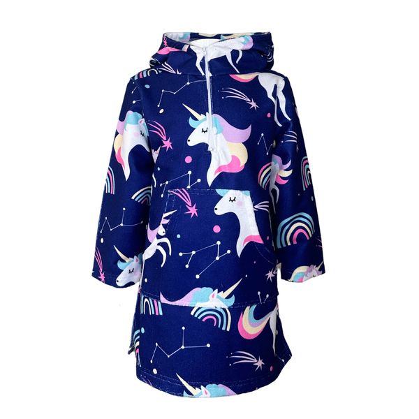 Kids Hooded Beach Towel, Front Zip, Long Sleeves Unicorns