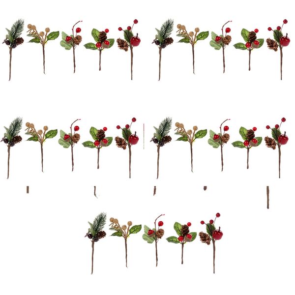 75Pcs Red Christmas Berry And Pine Cone With Holly Branches For Decor