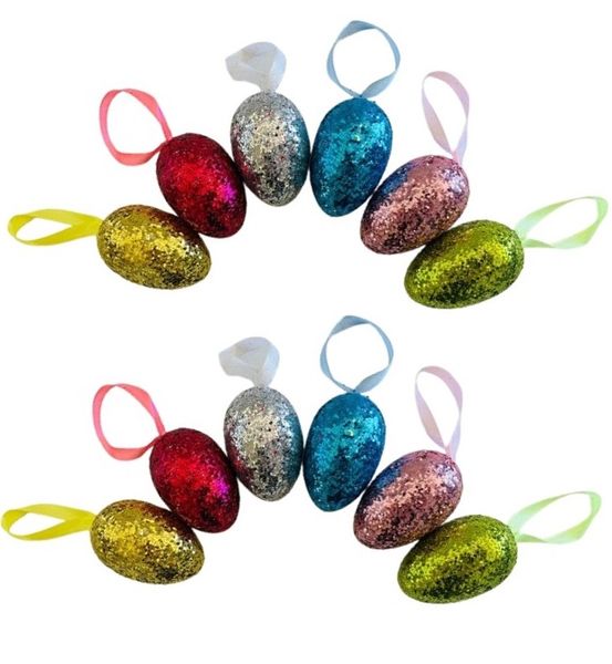 Easter Glitter Hanging Decoration Eggs - Set of 12