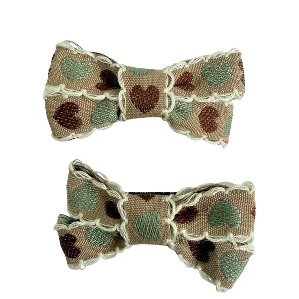 Green Embroidered Bow Clip Soft Cotton Girls Hair Accessory - Set of 2