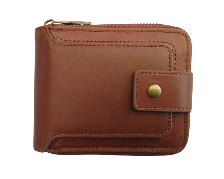 Genuine Leather Zip-Around Bifold Wallet with Press Stud Closure