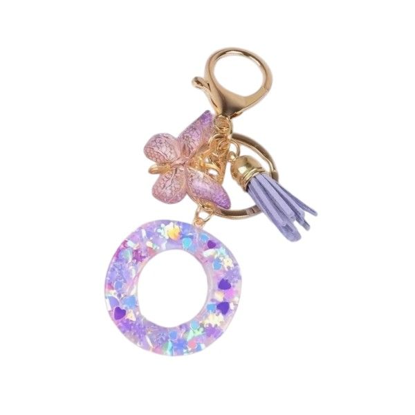 Letter 'O' Keychain With Elegant Butterfly and Tassel Charms - Purple and Gold
