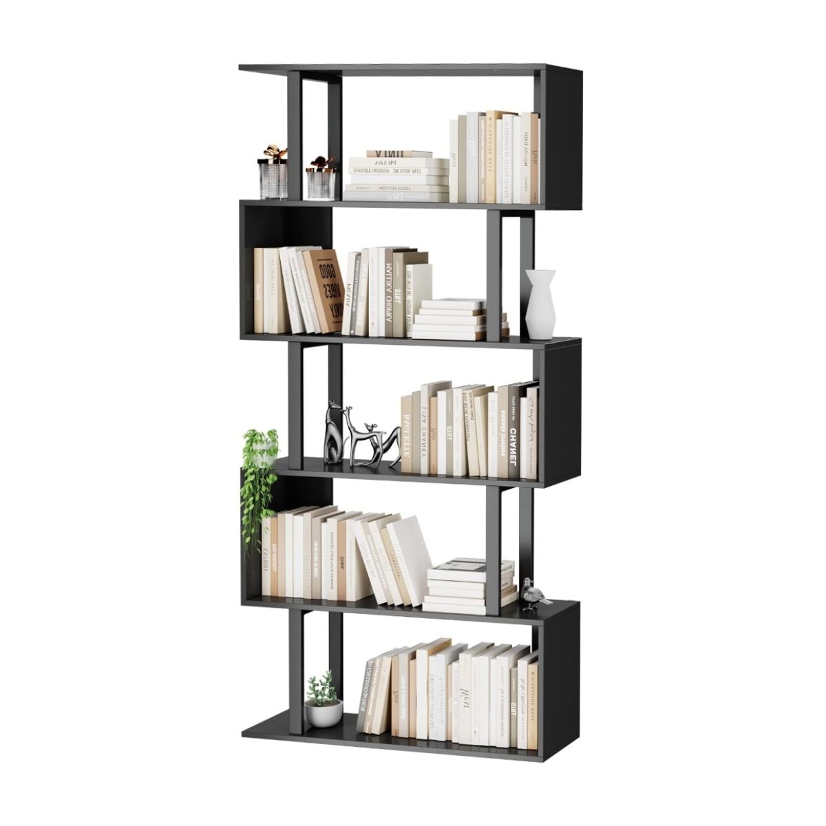 Geometric Bookcase,S Shaped Bookshelf Wood Storage Shelves - Black