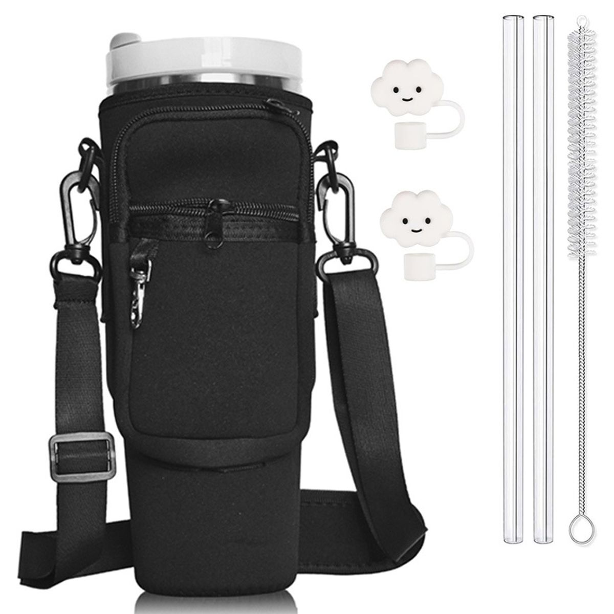 Water Bottle Carrier Bag with Phone Pocket and Accessories - Set of 6