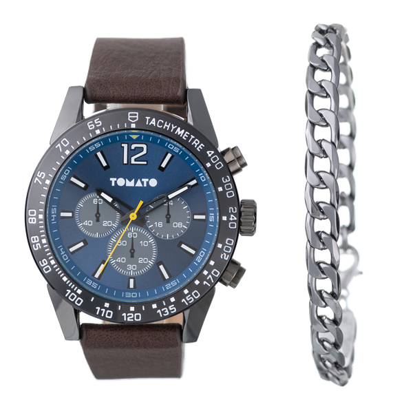 Tomato Gents Watch, Gift Set46mm Gunmetal, Black and Navy and Curb Bracelet