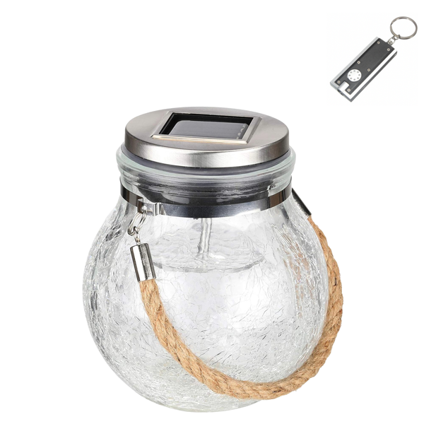 Solar Glass Crackle Fairy Light Decorative Jar with LED Keyring Torch