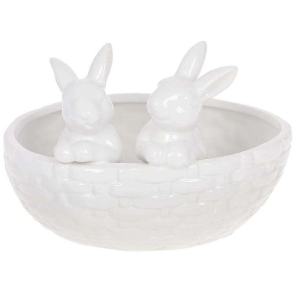 White Decorative Ceramic Flower Pot with Rabbits in a Basket - 20x15x14.5cm