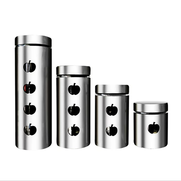 Glass And Stainless Steel - Apple Window Canister Set - 4 Piece