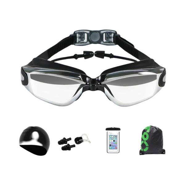HD Anti-Fog Swimming Goggles Set with Accessories - Electroplated Black