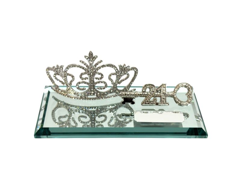 21st Key Silver Diamante Queens Crown Large on Glass Mirror Base