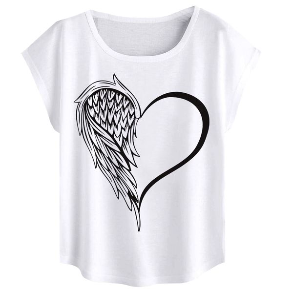 Fashion Novelty Angel Wing Heart O-Neck Watercolour Printed T-Shirt