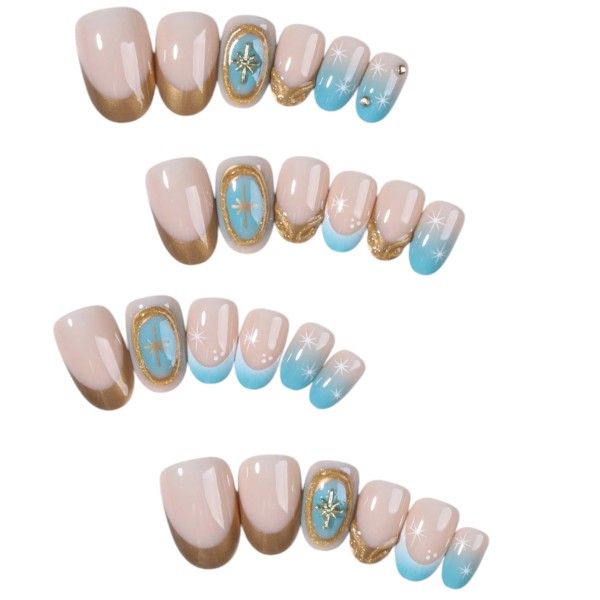 24 Piece - Short Oval 3D Gel French Tip Press-On Nails - Multicolor