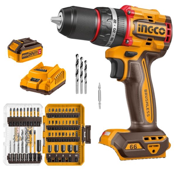 Ingco - Cordless Impact Drill 66Nm , 4Ah Battery, Charger &amp; 49Pc- Bit Set