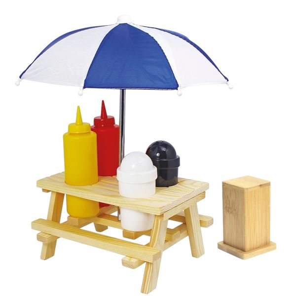 Wooden Braai Condiment Bench Set BBQ Sauce Holder with Umbrella