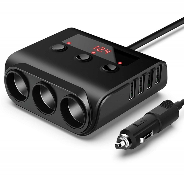 Universal Car Power Adapter 4USB Fast Charging 3 Outlet Voltage Display