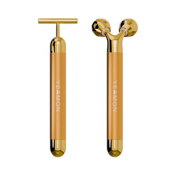 2-in-1 Electric Face Massager - Golden 3D Roller &amp; T Vibrating Facial Tool