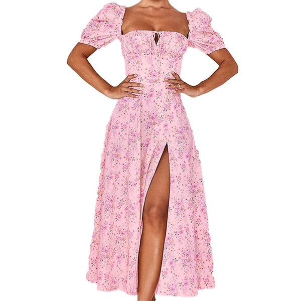 Floral Print Square Neck Puff Sleeve High Split Long Dress
