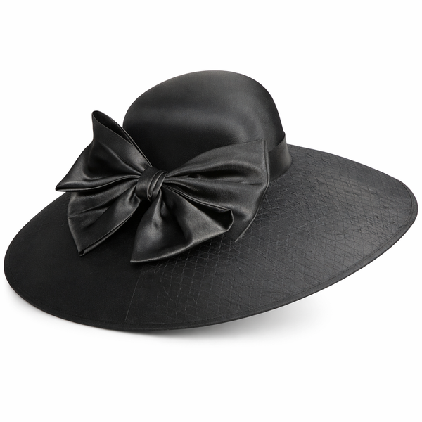 Wide Brim Black Hat with Bow and Net Veil - Elegant Formal Hat