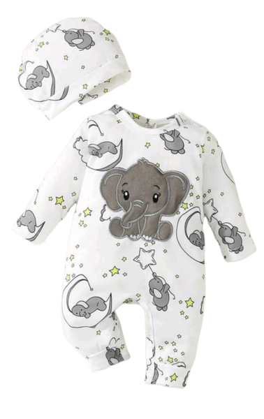 Baby Onesie With Hat - Grey Elephant