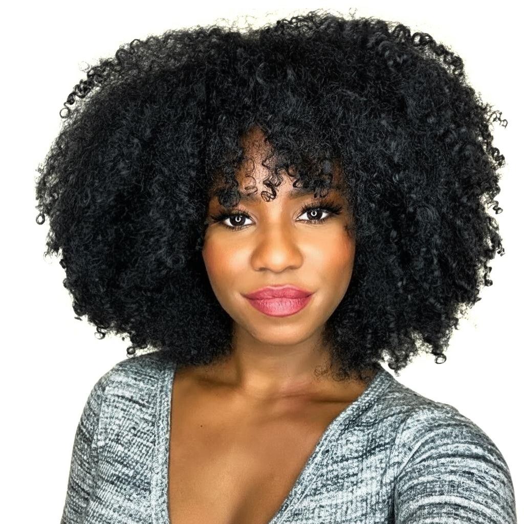 Natural Curly Afro-Style Wig - Shoulder-Length, Black, Lightweight & Soft