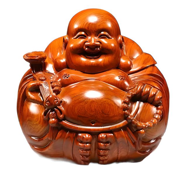 Carved rosewood statue of Maitreya Buddha as decorative item