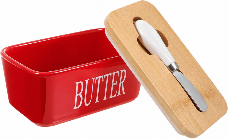 Ceramic Butter Dish with Wooden Lid and Knife