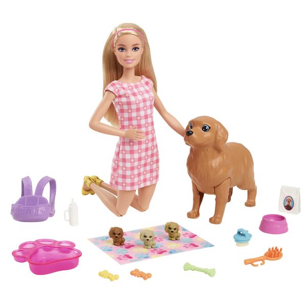 Barbie Doll Newborn Pups Playset with Blonde Doll, Mommy Dog and 3 Puppies