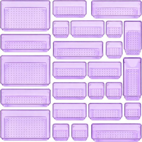 25 Piece Plastic Drawer Organiser Set Clear Purple Storage Bins