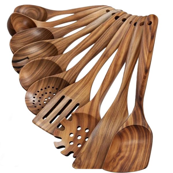 10-Piece Teak Wood Cooking Utensil Set - Durable &amp; Nonstick Safe