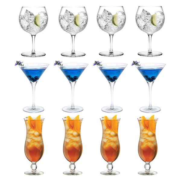 Cocktail Glasses Set of 12 Pieces - Martini, Gin &amp; Tonic, Hurricane