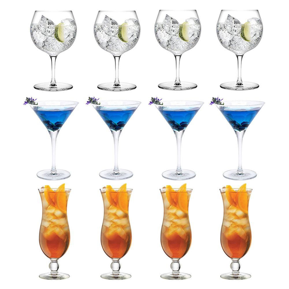 Cocktail Glasses Set of 12 Pieces Martini, Gin & Tonic, Hurricane