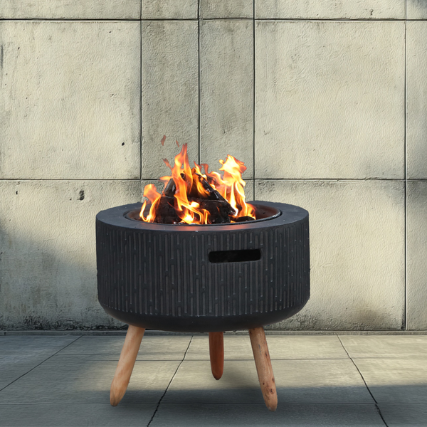 Wood Firepit Enji 53cm with Braai function and Cover on Wooden Legs