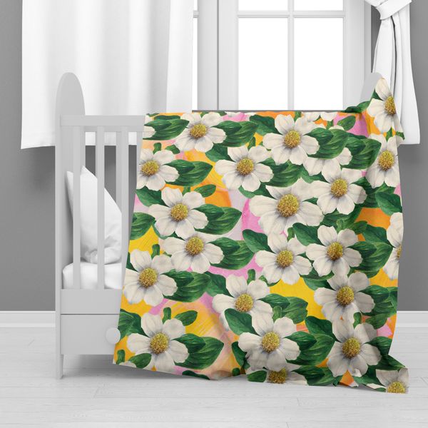 White Floral on Orange Minky Blanket