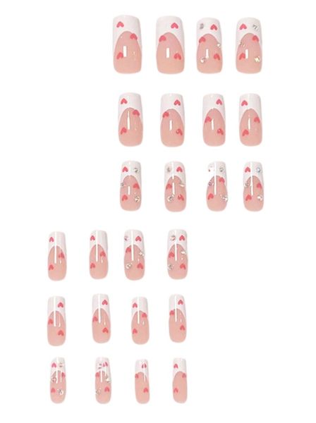 24 Piece - Long Square Water Tube Shaped Heart Design Nails - Multicolor