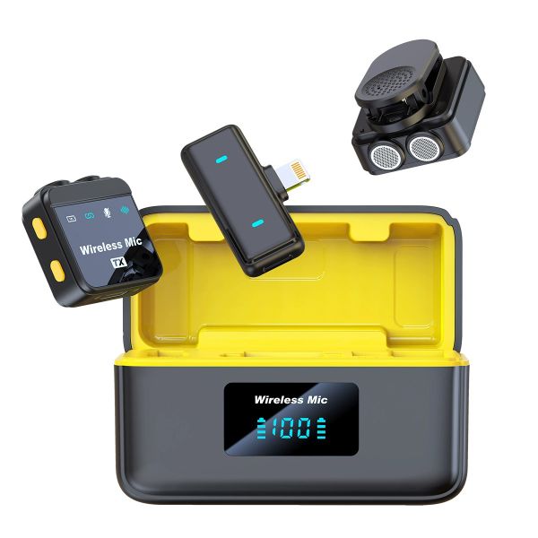 Wireless Clip-on Microphone with 2 Mics, 100ft Range, Noise Cancelling