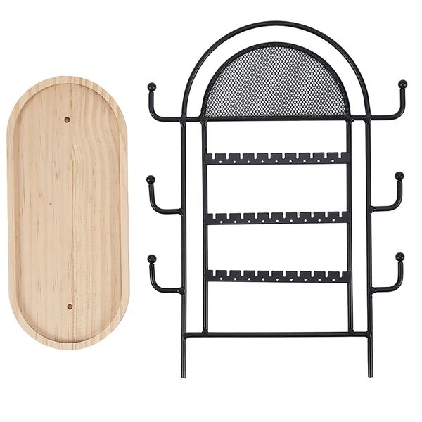 4 Tier Jewelry Organizer Stand Earring Necklace Display Wood Base Black