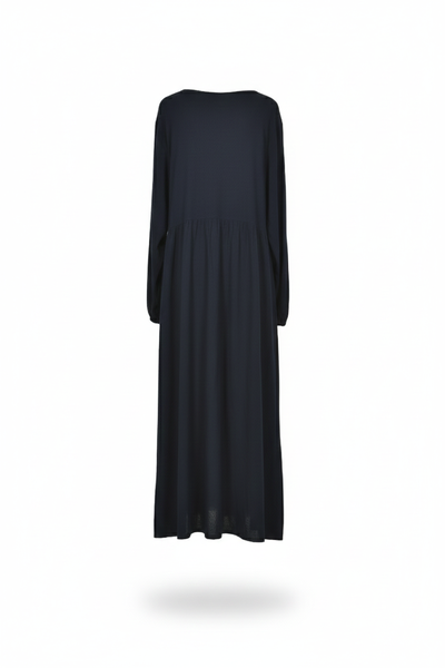 Plain Navy Blue Viscose Cotton Long Sleeve Modest Pleated Dress