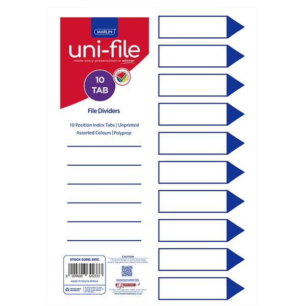 Uni-file File Divider, 10 Tab polypropylene board, unprinted (Pack of 5)