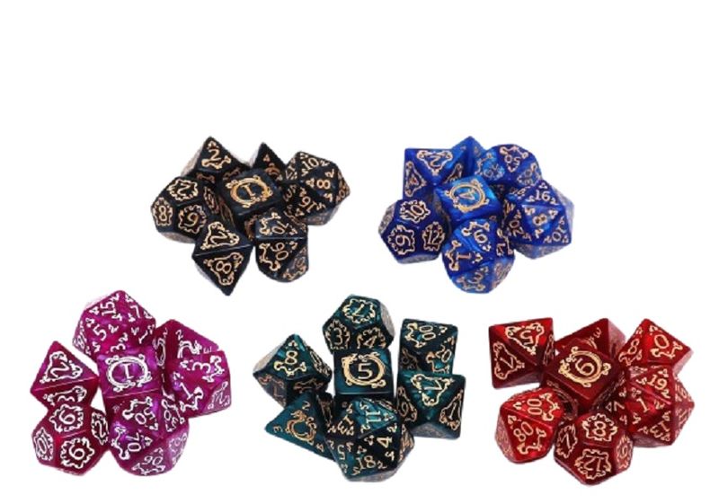 5-Pack 7pcs Colorful Acrylic Game Dice Set W/ Vintage Dragon Pattern &amp; Bag
