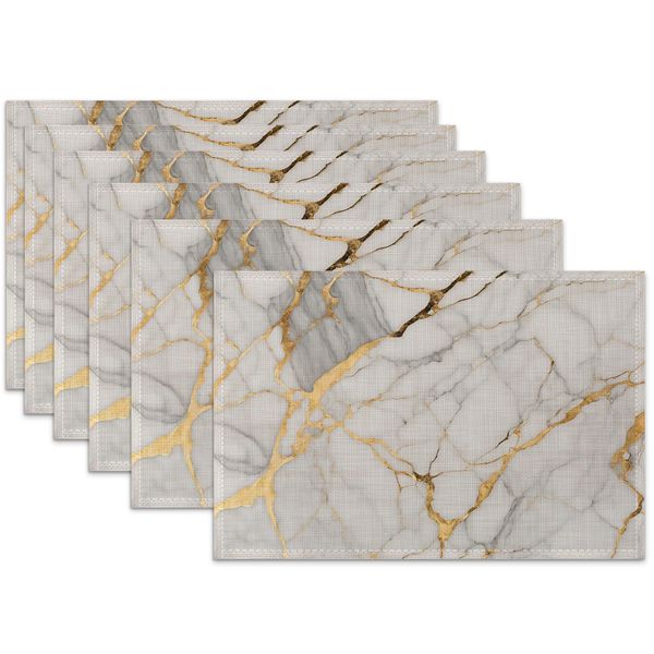 Placemats Set of 6,White Gold Marble Linen Table Mats