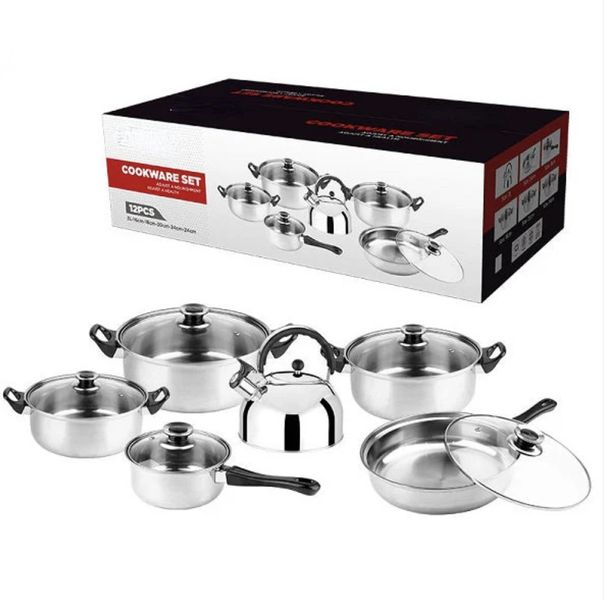 12 Piece Pot Set And Whistling Kettle With Black Handle
