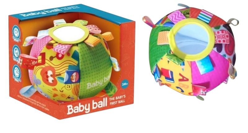 3-in-1 Baby Sensory Ball with Mirror &amp; Crinkle Tags - Soft Learning Toy