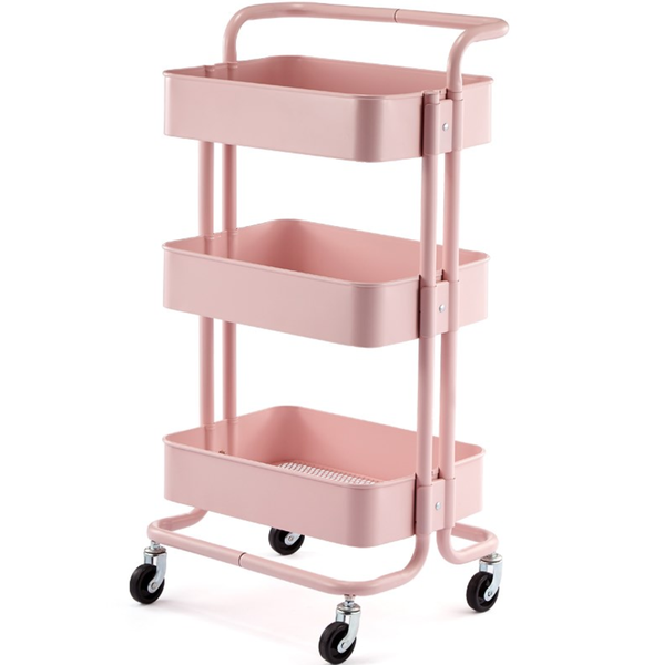 Candy Pink 3 Tier Metal Mesh Storage Trolley Storage Cart Serving Trolley
