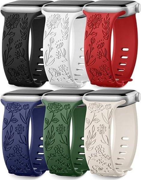 6pcs 44mm 45mm 46mm 49mm Floral Engraved Compatible With Apple Watch Straps
